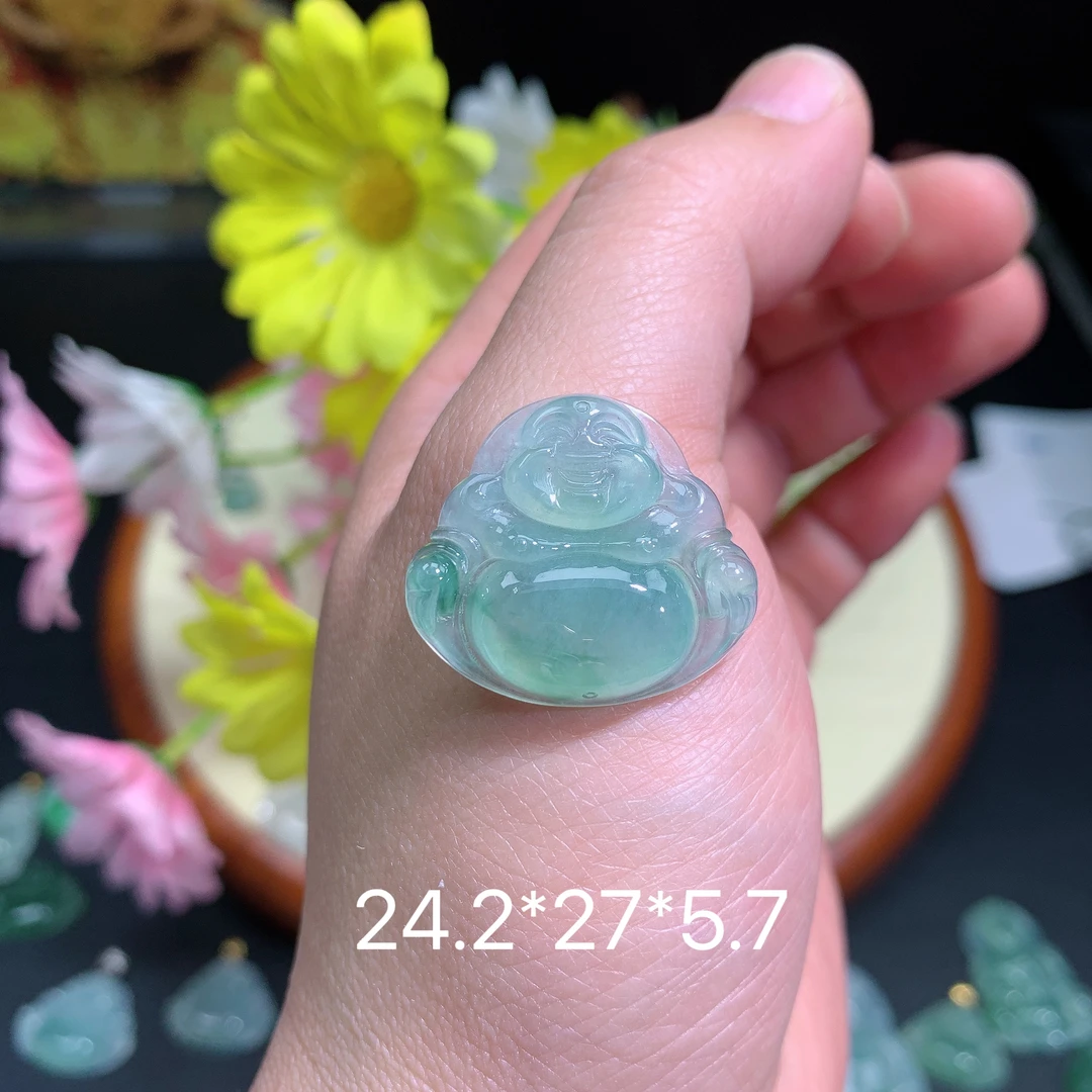 缅甸翡翠A货冰种飘花佛公雅挂件水润雕刻精冰高冰精珠宝玉石绿色