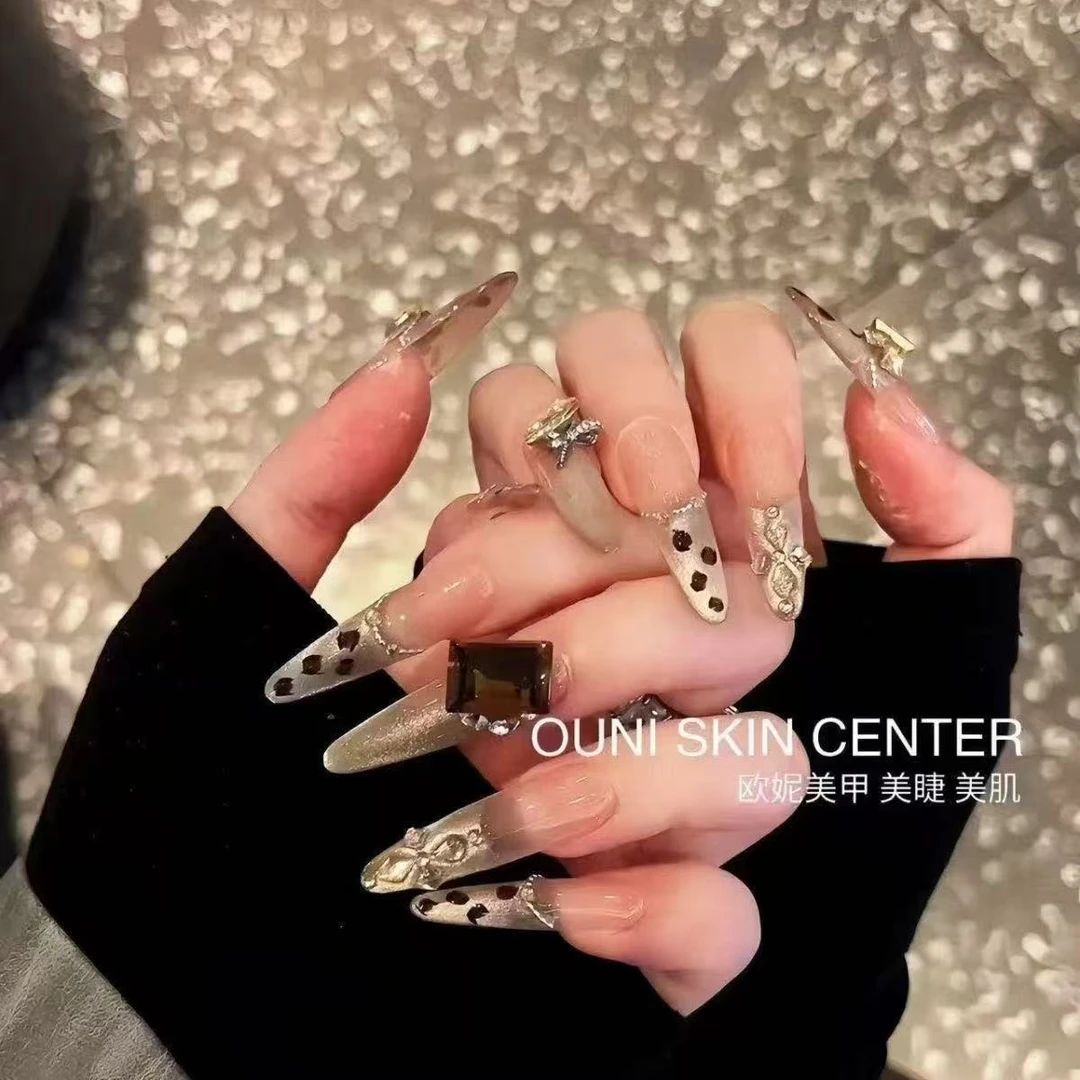 纯手工穿戴辣妹千金豹纹气质渐变爆闪显白氛围高级美甲法式猫眼