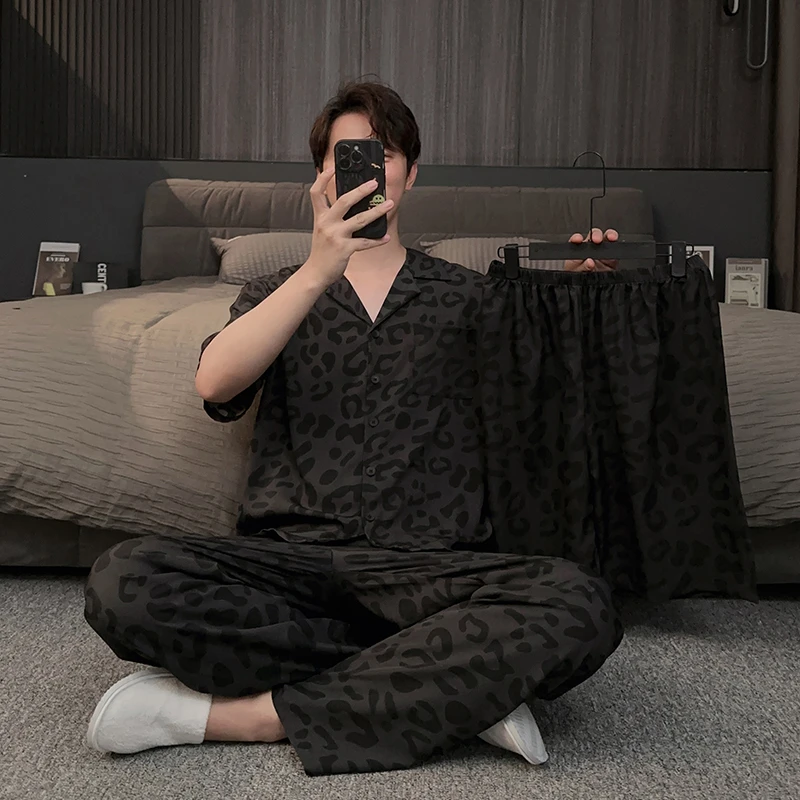 豹纹三件套睡衣男士夏季款冰丝薄款短袖短裤长裤可外穿家居服套装