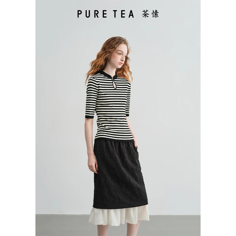 PURE TEA/茶·愫【水滴旗袍领】黑白条纹针织T恤女修身上衣KK0702D11