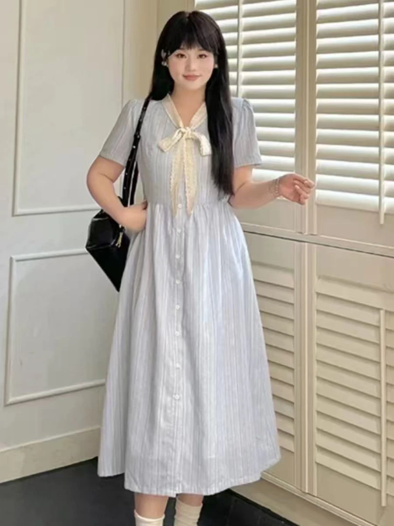 系带高腰纽扣连帽A字裙成人长裙条纹大码连衣裙V领四季通用