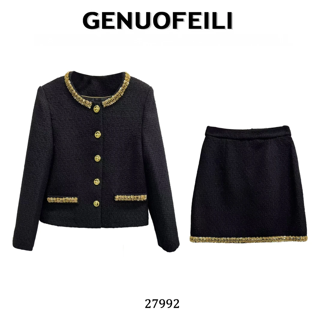 COCOLESLEY新款气质黑色千金显贵小香风套装法式黑金套装轻奢秋冬