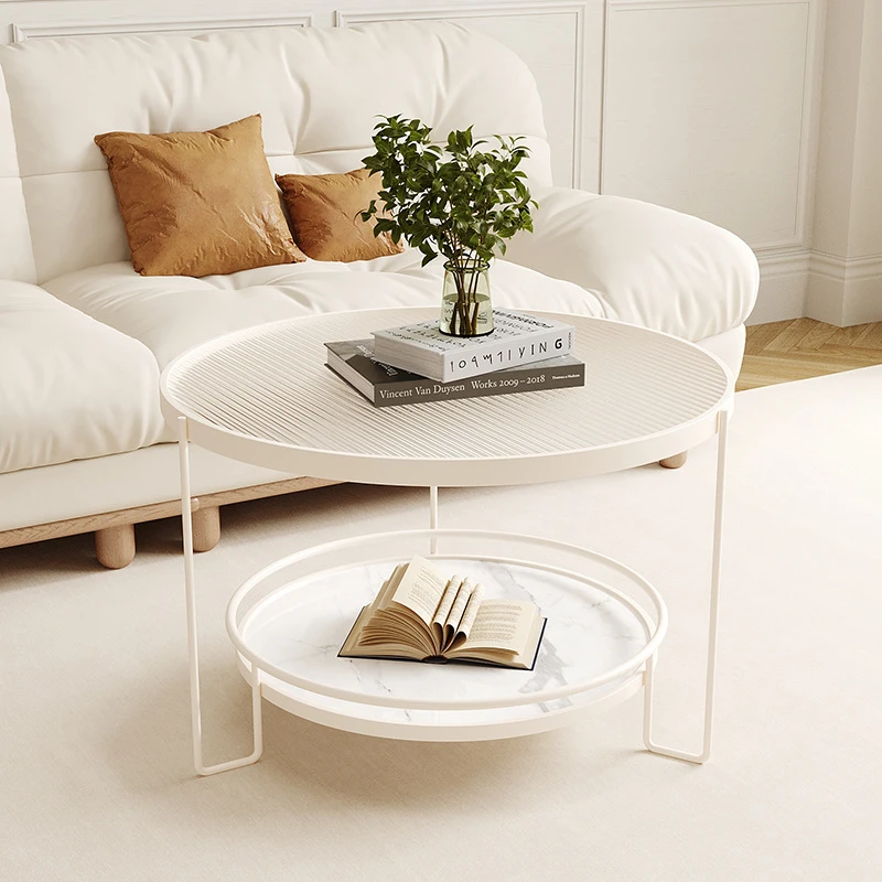 奶油风长虹玻璃茶几客厅小户型简约现代出租屋圆形双层岩板小茶几