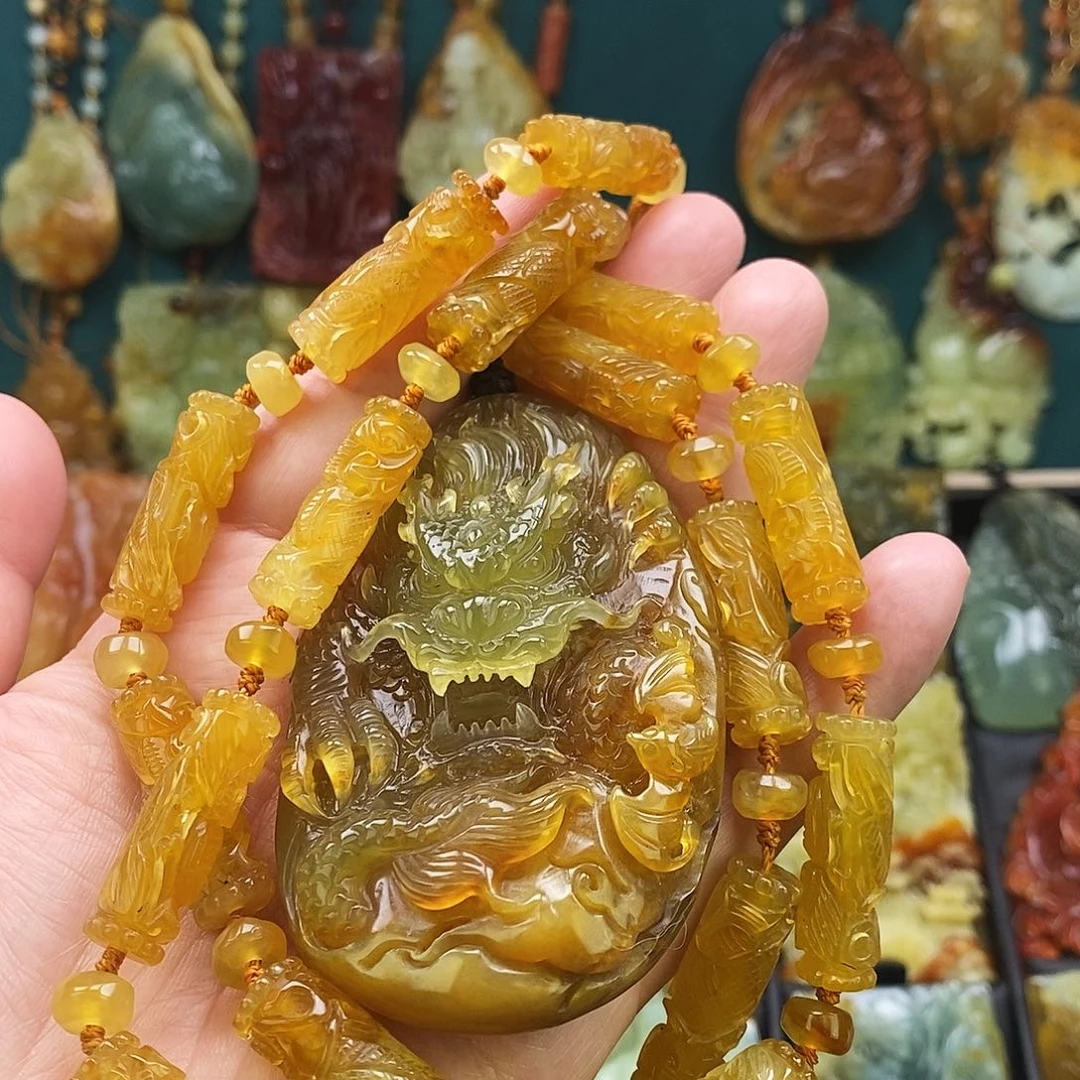 皓***.蛇纹石玉未镶嵌颈饰精品龙龙珠链