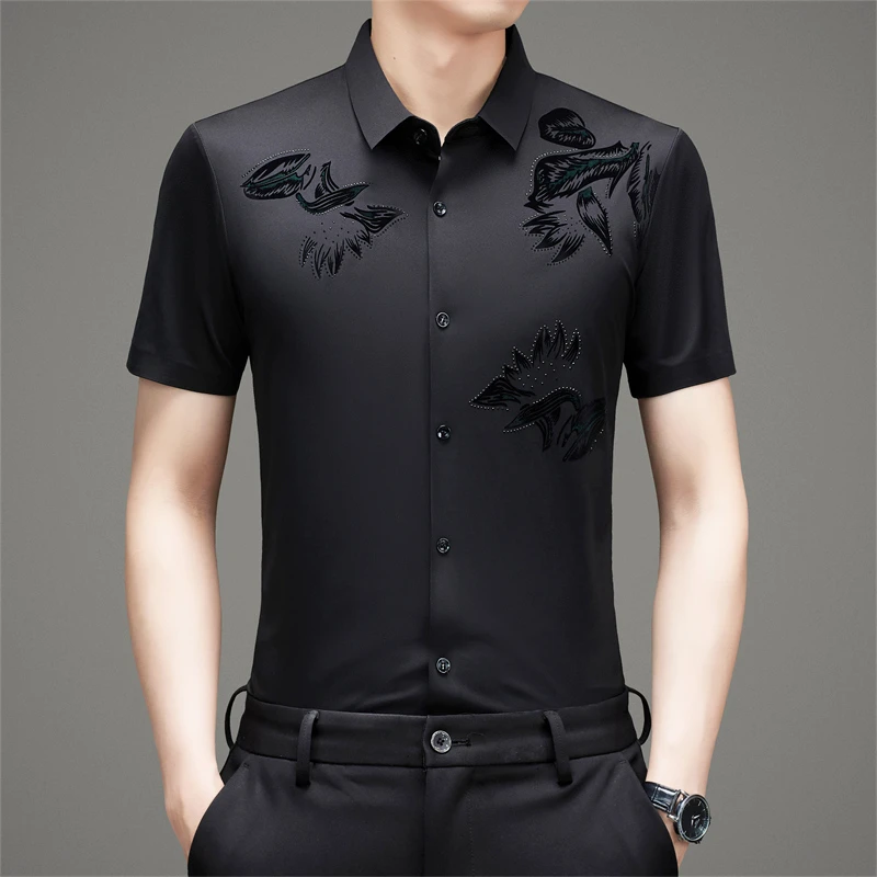 卡尔皮诺6666夏季双面新款短袖休闲冰丝无痕抗皱免烫男士半袖衬衫