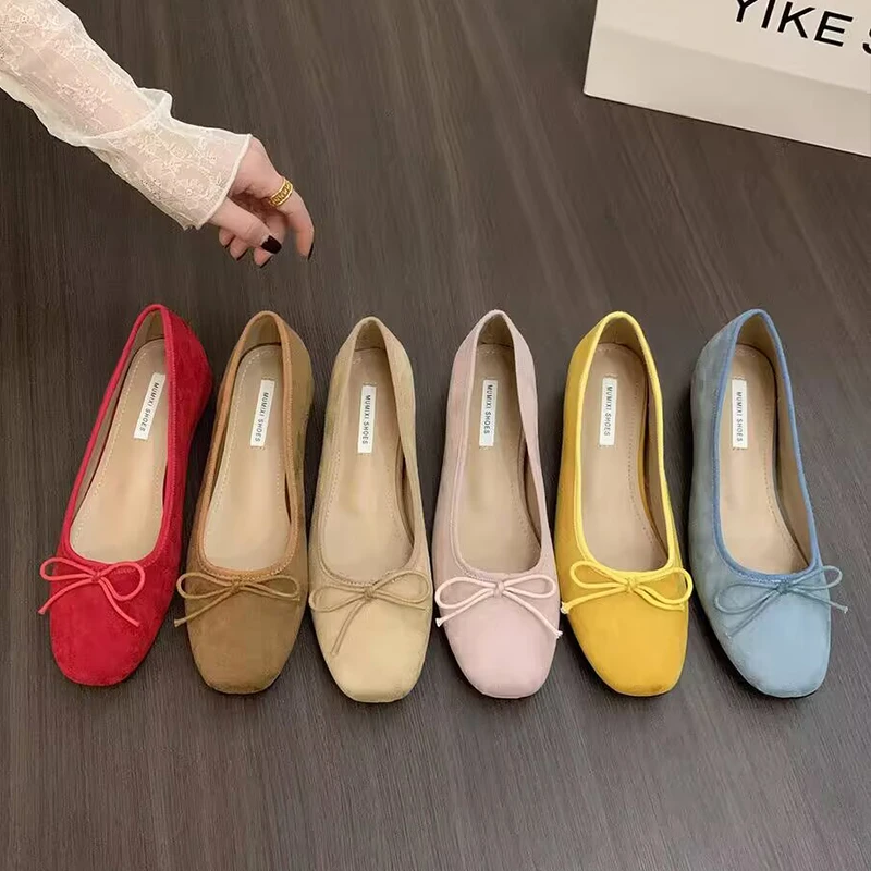 内增高绒面浅口红色单鞋女春季新款厚底一脚蹬瓢鞋配裙黄色豆豆鞋