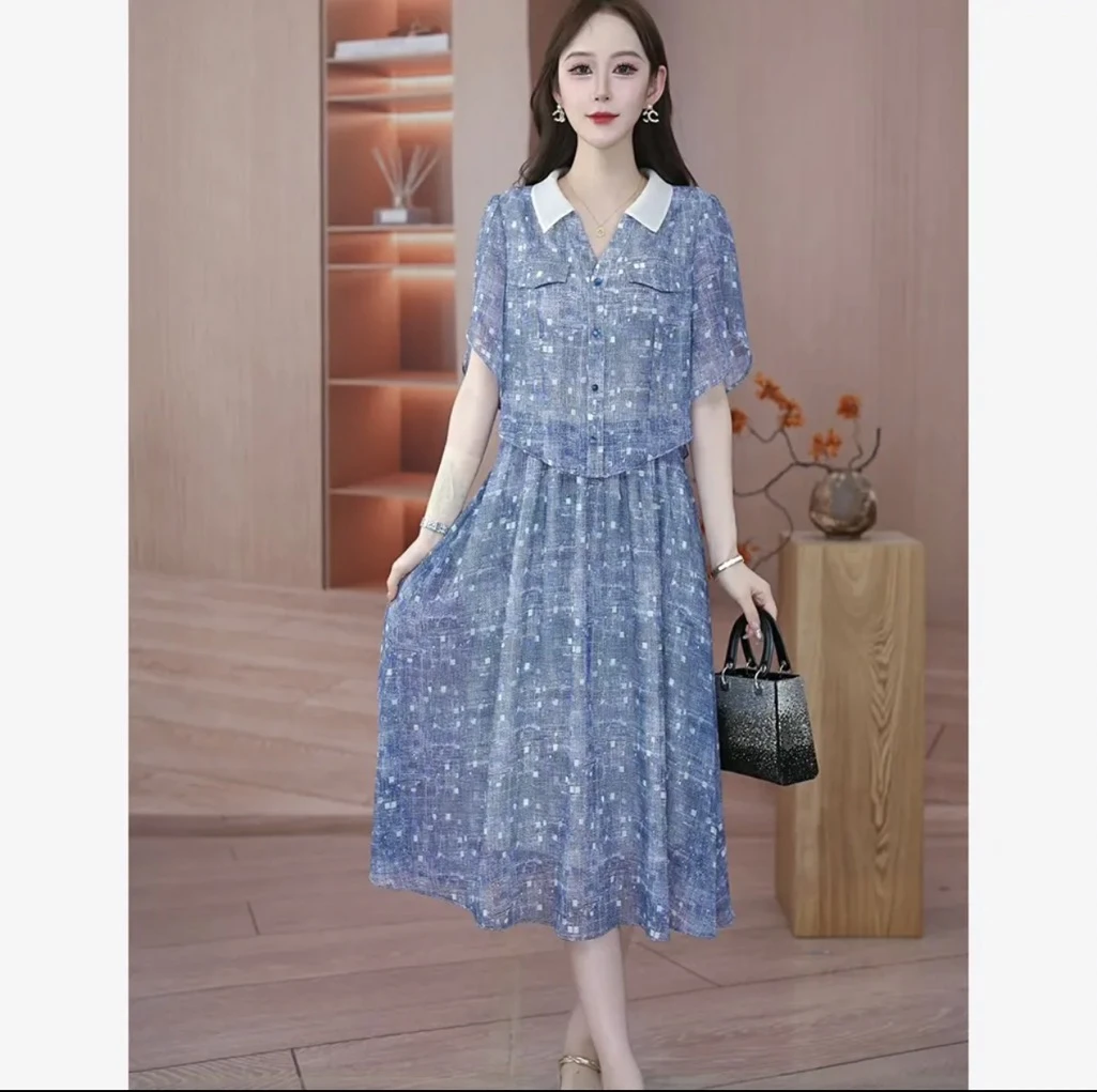 【连衣裙】2025夏季新款时尚气质遮肉显瘦洋气中长款假两件连衣裙