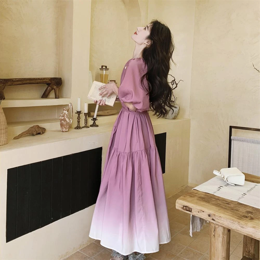 高级感渐变玫紫色连衣裙女夏重工小众不撞款别致独特冷淡系长裙