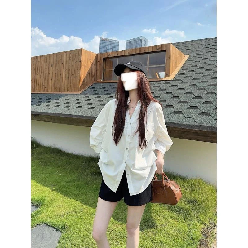 白色polo领长袖衬衫女夏季宽松防晒休闲衬衣百搭通勤上衣AM8068