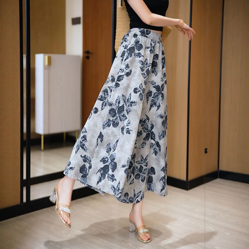 【现货高品质+运补】复古印花冰丝裙裤女垂感显瘦松紧大码