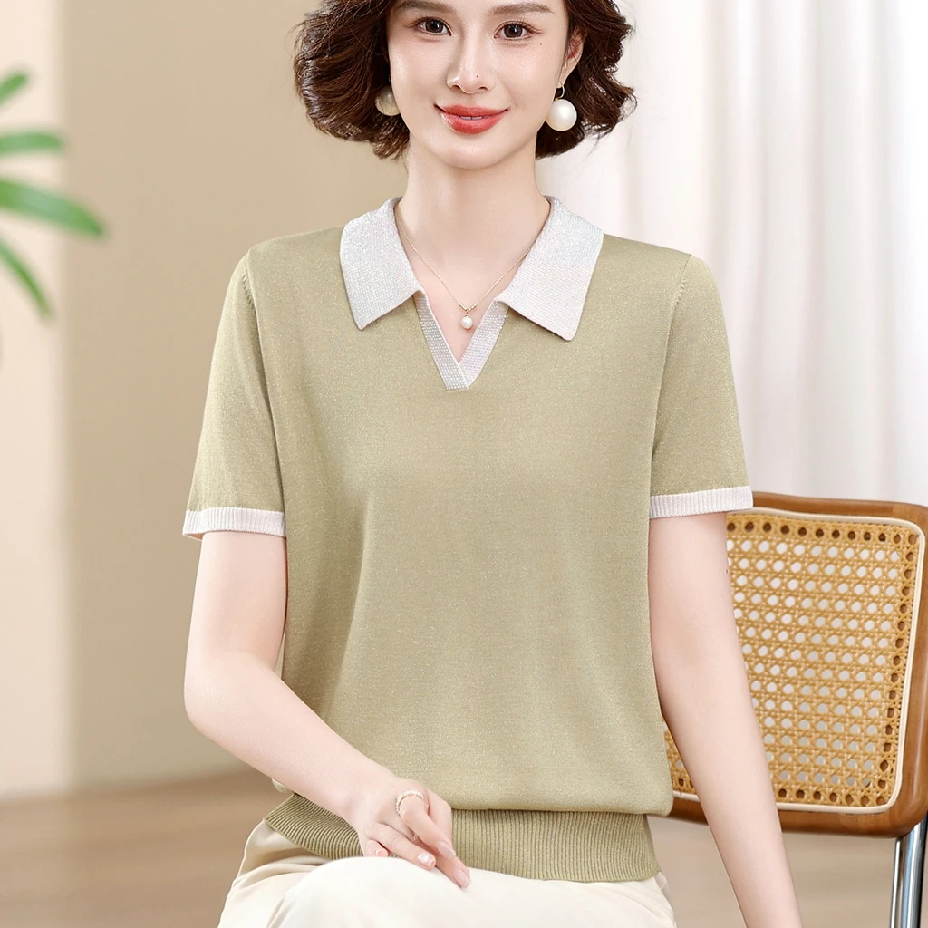 中年妈妈夏装天丝短袖T恤宽松洋气质翻领上衣中老年女冰丝针织衫