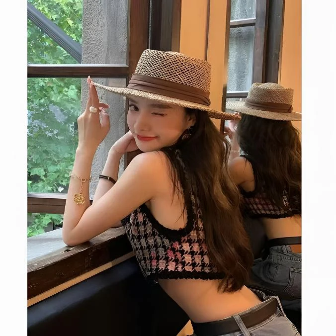 法式ins手工编织平顶草帽网红百搭时尚咸草防晒帽子沙滩度假礼帽
