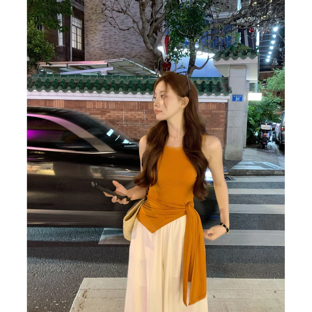 SZA【夏日元气】夏季新款设计感不规则收腰系带吊带背心上衣A-1791