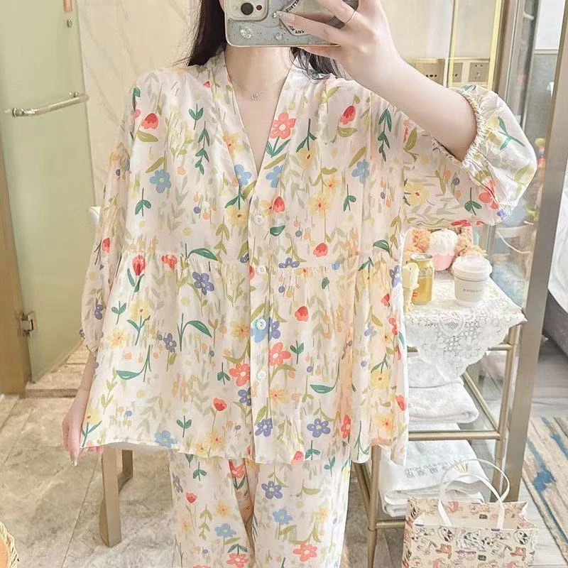 【棉绸一套】女士家居服套装女宽松舒适时尚印花睡衣休闲两件套