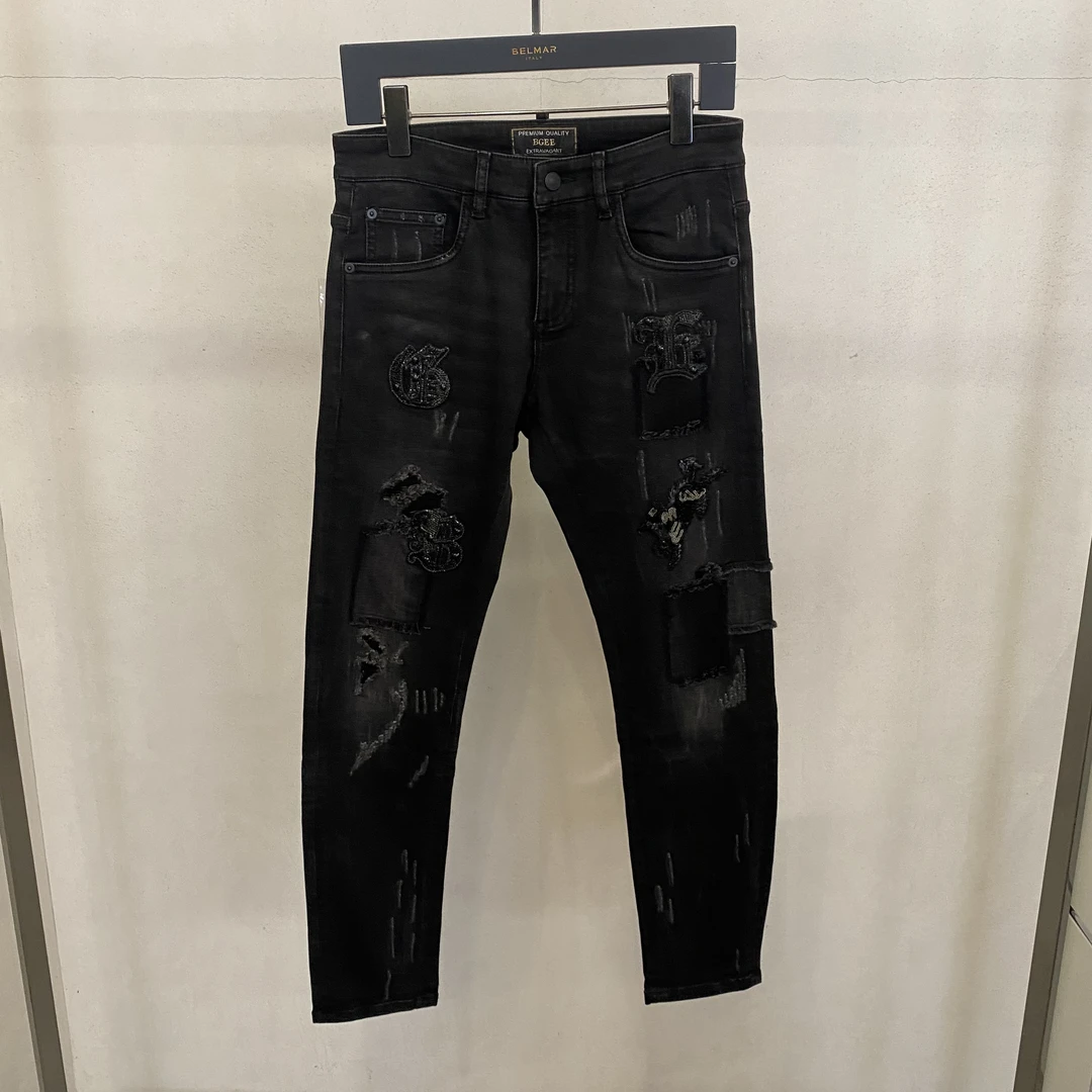 【BGEE】刺绣男士时尚百搭重工潮流图案休闲牛仔裤直筒1318E2244