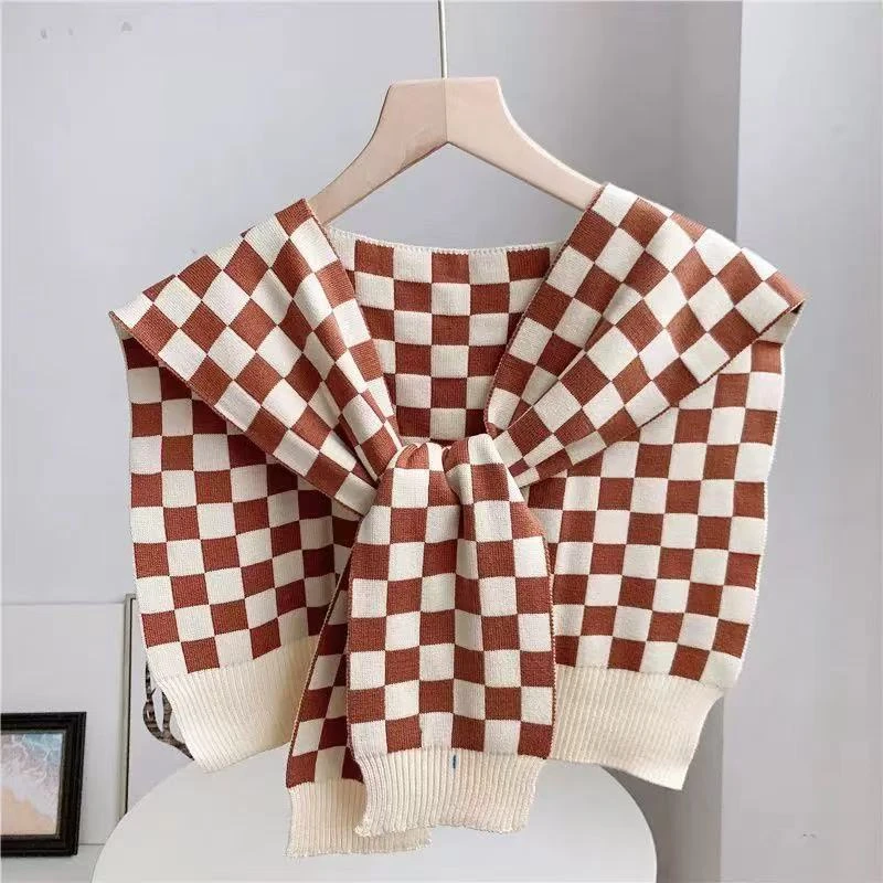 4058 春秋搭肩格子披肩外搭网红衬衫打结针织配裙子护颈椎围巾女