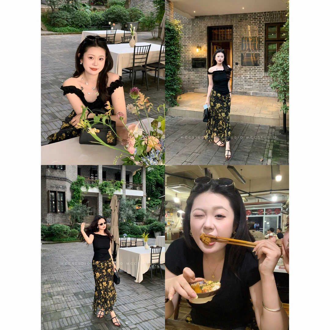 MCc《玫瑰故事》u领t/花簇一字领/碎花裙套装#8633/3274/867