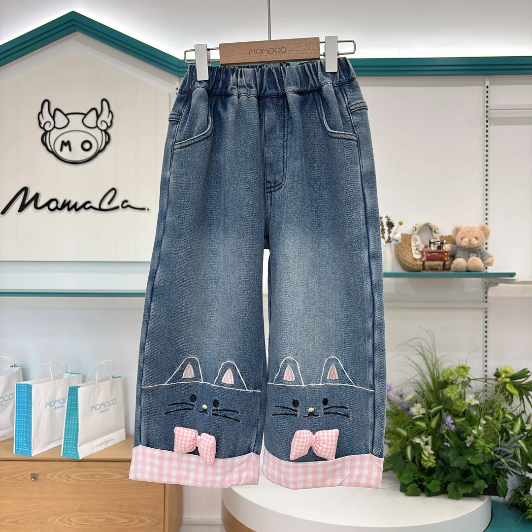 MOMOCO女童冬款加绒洋气韩版蝴蝶结微喇裤猫咪牛仔裤77830350023