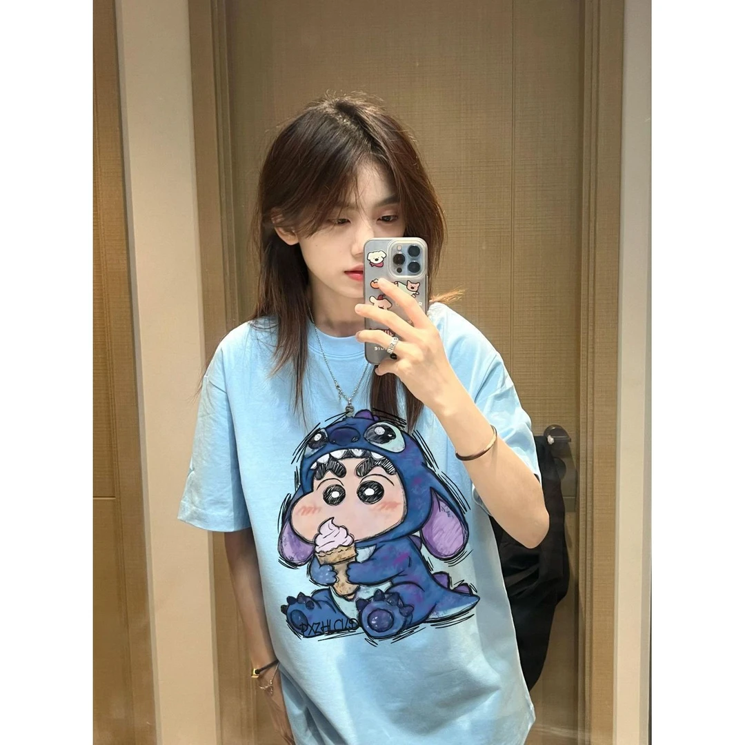 100%纯棉趣味卡通蜡笔小新印花圆领短袖t恤男女夏季休闲百搭上衣