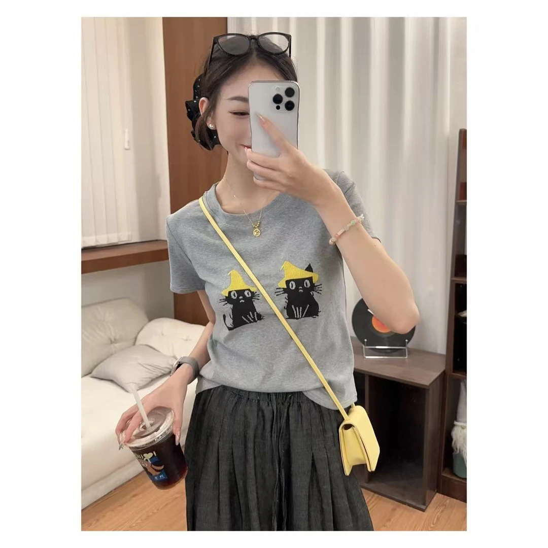 欧洲站2025夏季洋气卡通戴帽小猫休闲圆领卡通刺绣短袖T恤女6023