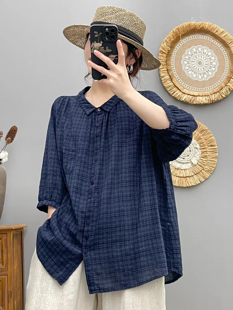 001格纹常规夏季格纹夏中式衬衫拼接衬衫高智淡人风衬衣蓝色
