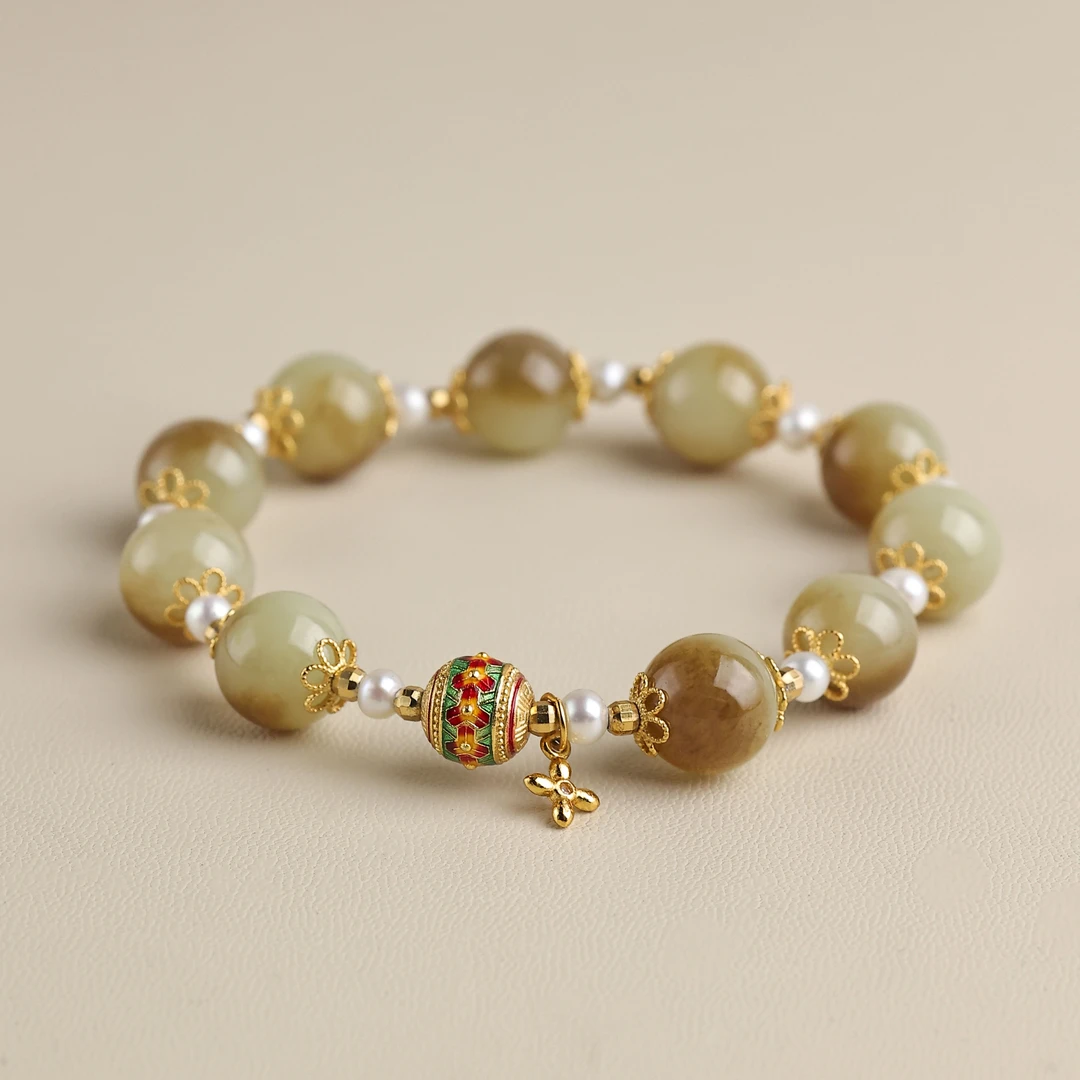 S925银和田玉糖料圆珠手串-S4851-鹤