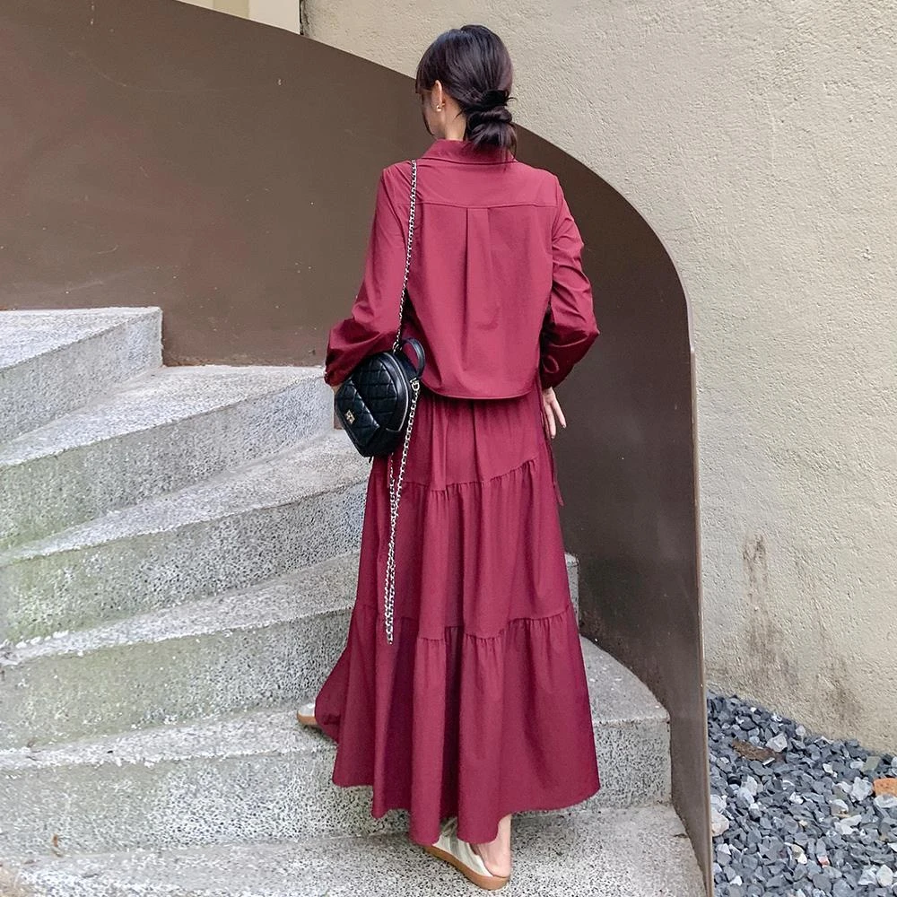 安克拉红工装衬衫套装裙女春秋酷飒拽姐宽松休闲高腰半身裙两件套