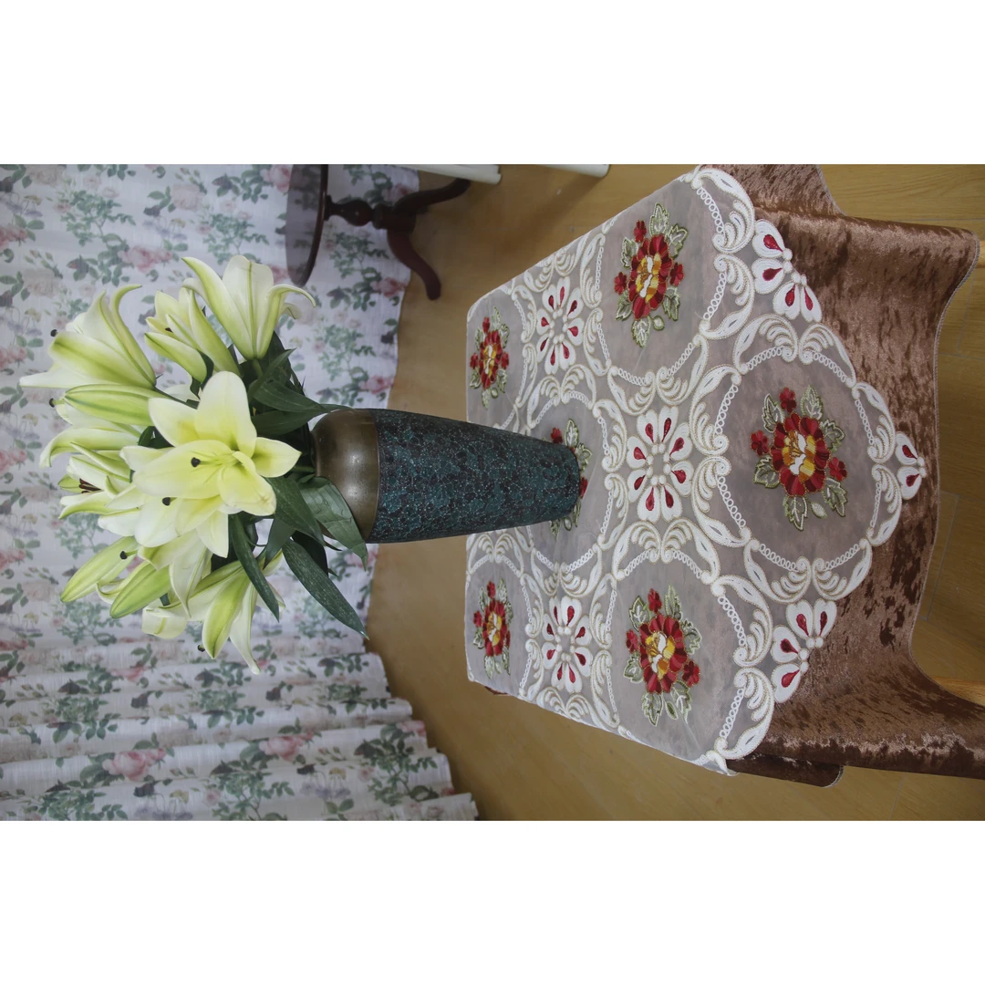 ZN007-4玻璃纱【85*85】 红牡丹锁链绣桌布茶几布多功能盖巾