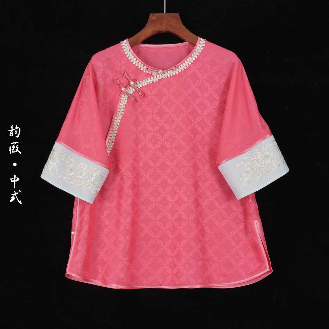 刺绣袖口随机圆领斜襟短袖常规上衣复古新中式中国风10026