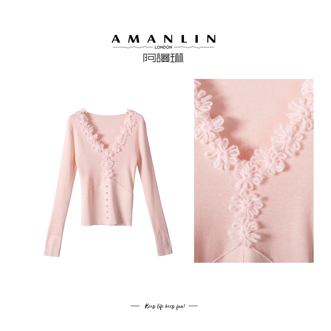 【AMANLIN】法式欧若风针织V领立体装饰显瘦气质百搭上衣女F595293