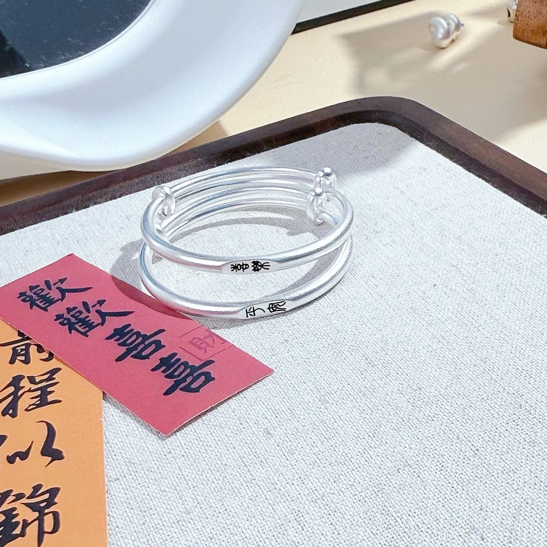 足银手镯 婴儿宝宝对镯百天生日礼物平安喜乐可调节儿童手镯古法