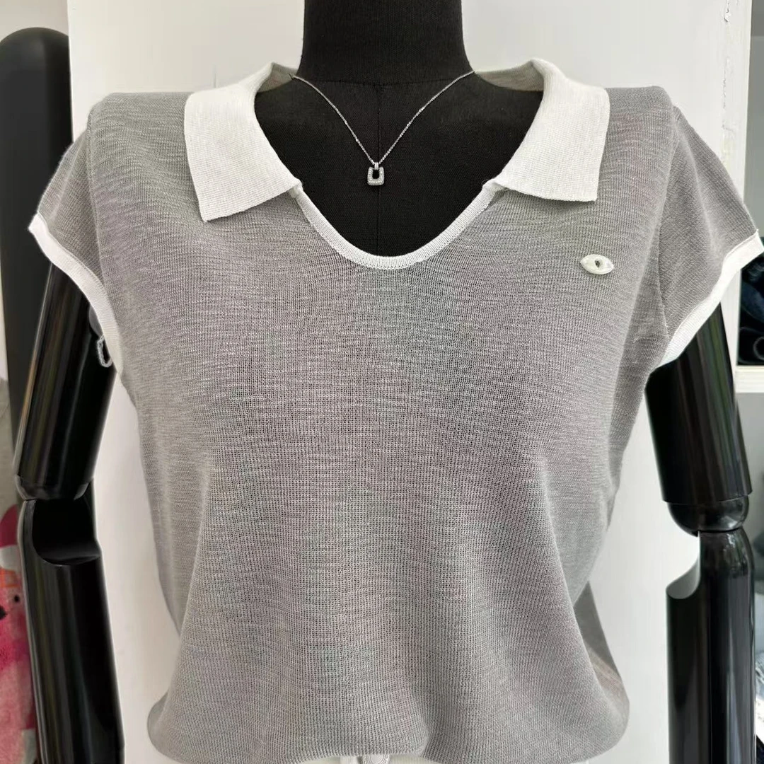 薄款夏季打底女翻领毛针织衫短袖拼色短袖针织