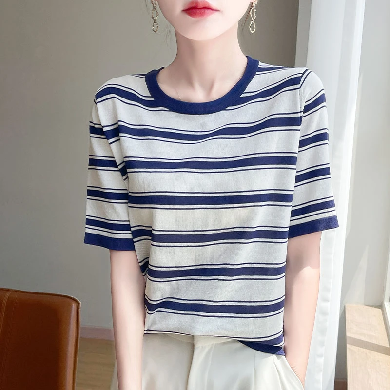 2025夏季舒适时尚百搭条纹冰丝针织短袖女圆领宽松显瘦上衣女t恤