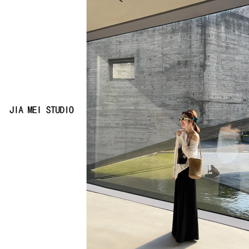 C225韩系一字肩人物印花长袖T恤2025夏季女洋气百搭显瘦防晒上衣