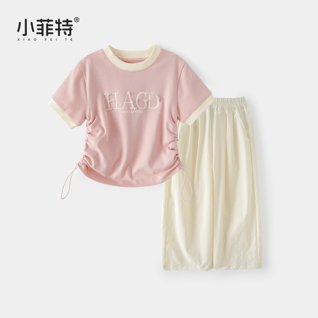 小菲特夏季新款女童阔腿裤套装韩版女孩钉珠短袖两件套YNTX51757