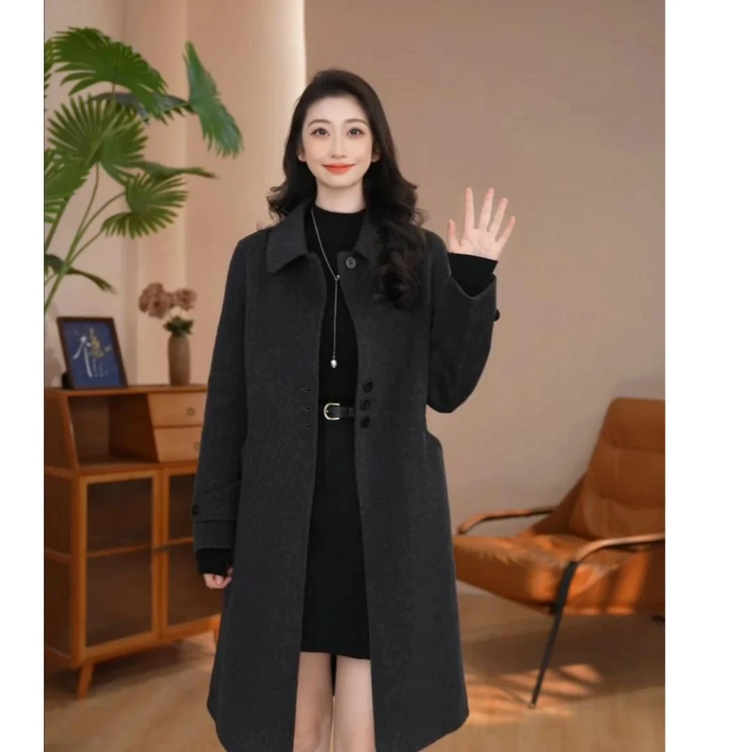 【婷婷甄选】曼贝秋冬新款高端百搭长袖双面羊绒大衣8584051深灰色