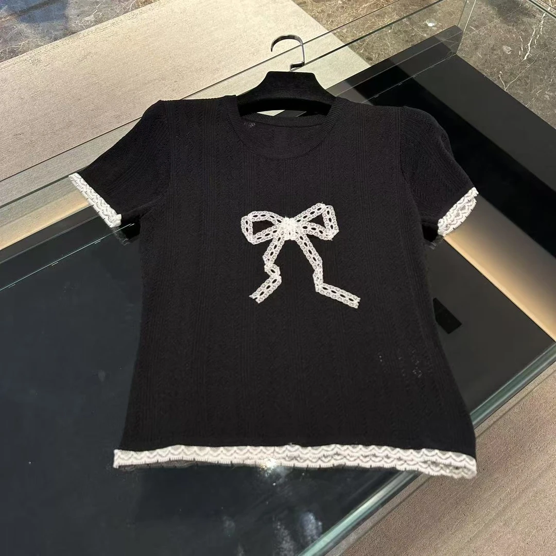 黑色蝴蝶结蕾丝简约短袖T恤