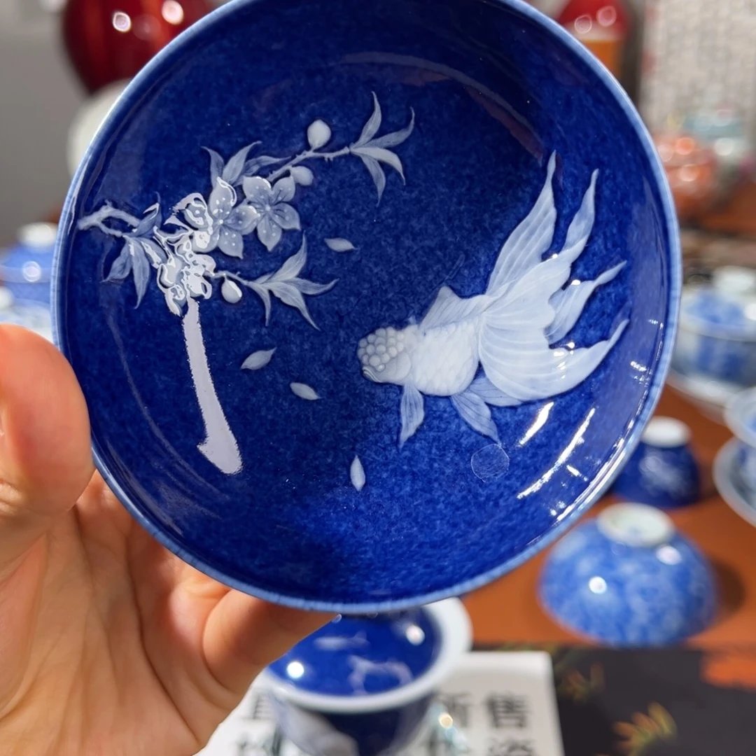 知冬煮雪手工手绘茶具洒蓝堆白上新单杯