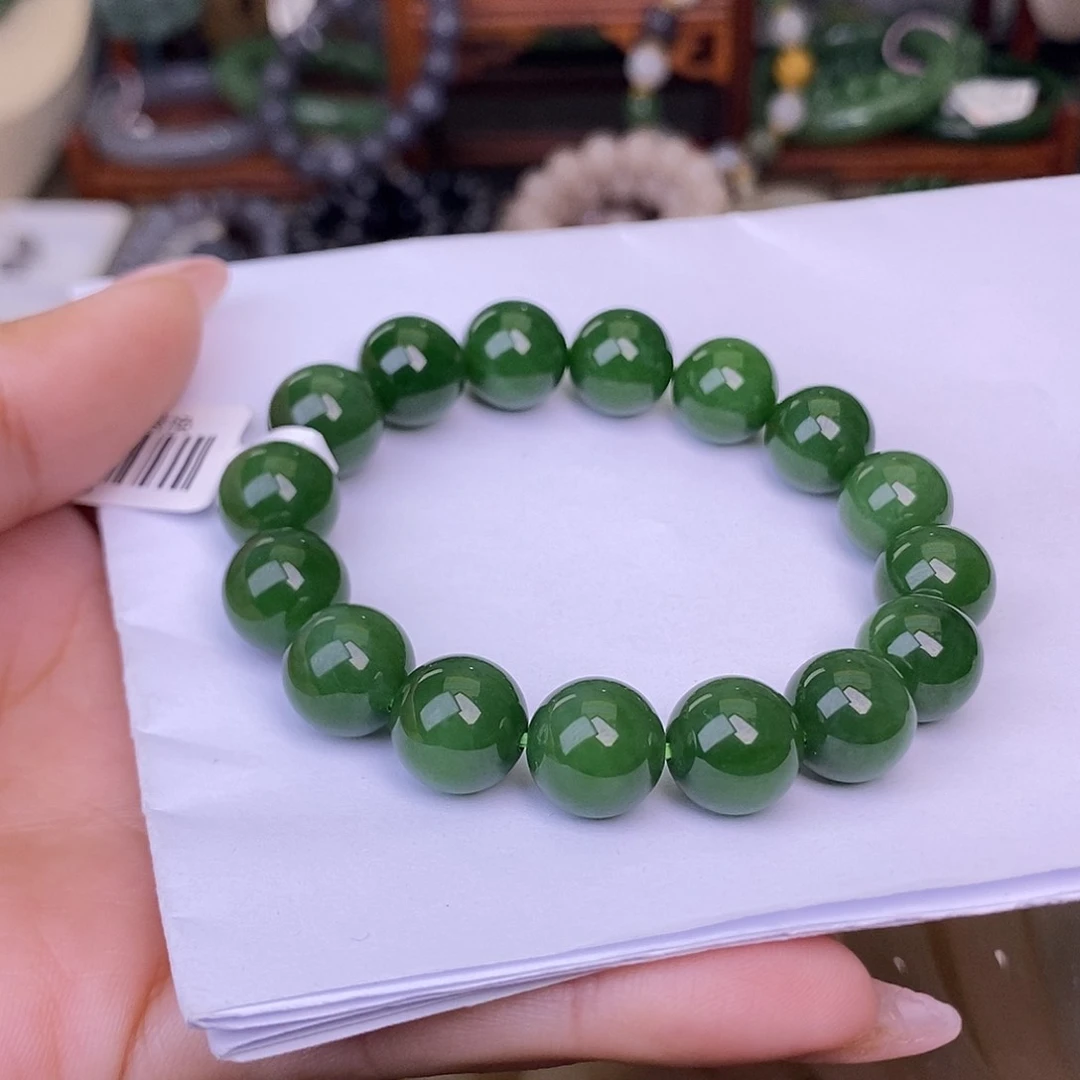 和田玉碧玉满色满绿老料收藏约12mm手串未镶嵌浪*云