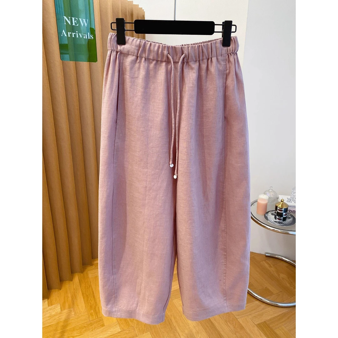 胖妹妹大码老钱风亚麻阔腿裤女2025夏新款宽松直筒裤轻薄九分裤子