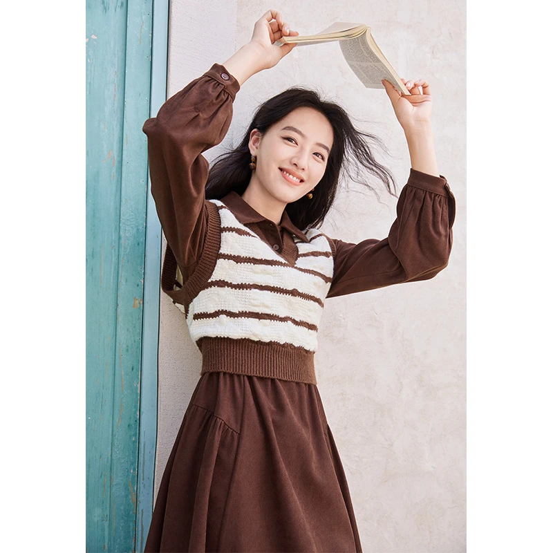 T844160时尚套装 香影美拉德套装女2024秋冬新款针织马甲连衣裙