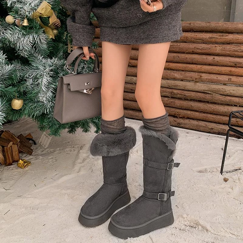 五洋专卖店灰色长筒雪地靴女2025年冬季厚底靴子加厚防滑东北鞋