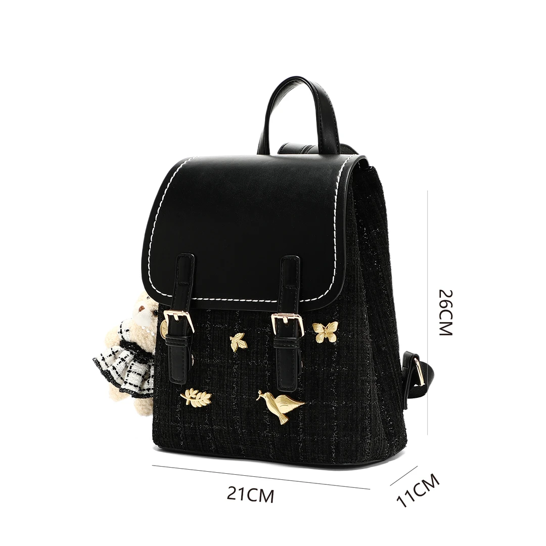 提花黑色双肩包小香风书包女包大容量-60057-8