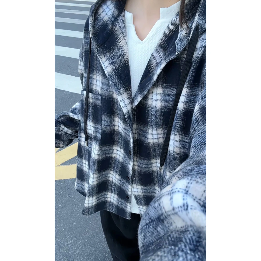 美式复古格子衬衫外套男2025新款秋季宽松慵懒风高级感连帽夹克衫
