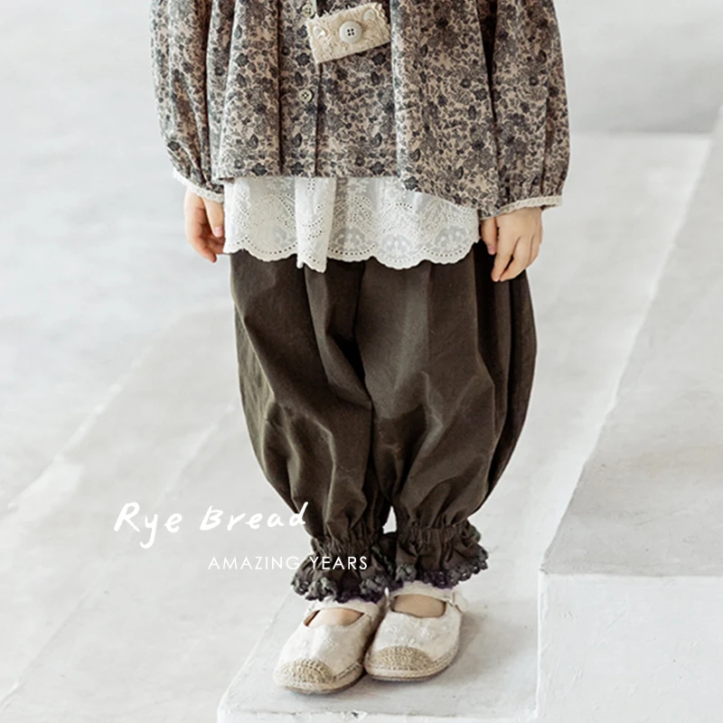 黑面包ryebread/黑面包童装 韩系女童小童蕾丝裤边宽松休闲裤 5春