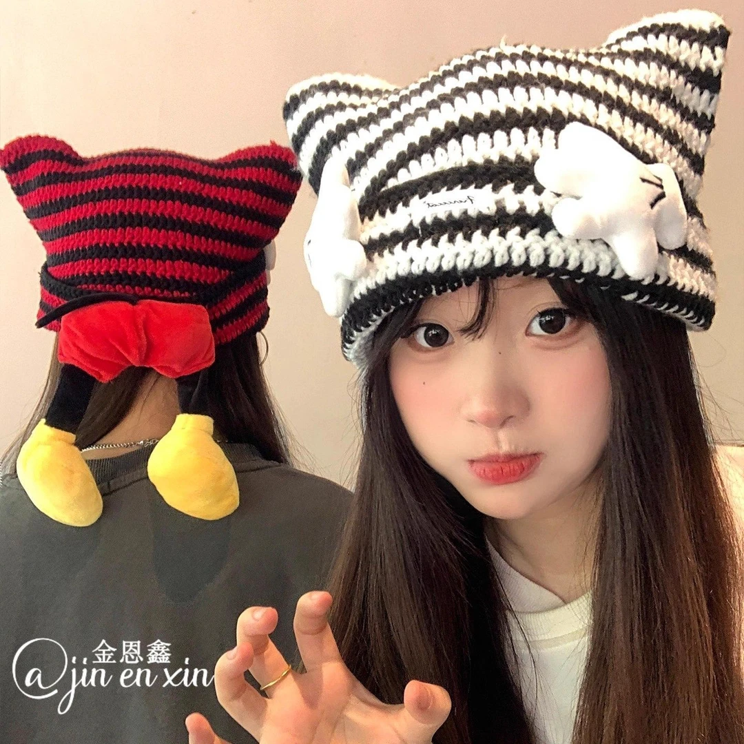 可爱米奇屁屁条纹针织帽子女春秋百搭显脸小毛线帽套头帽2025新款