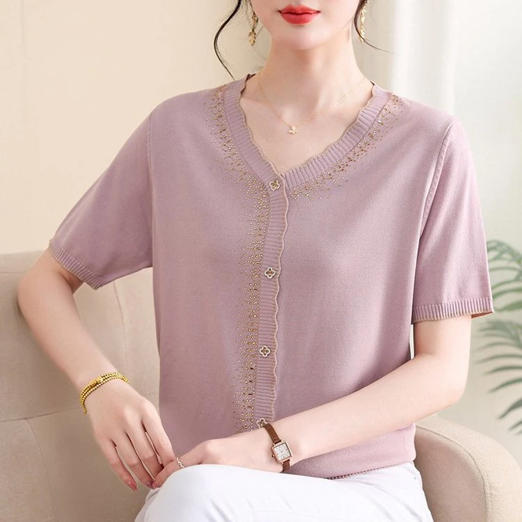 妈妈夏装冰丝针织短袖T恤中老年女装洋气V领上衣小衫