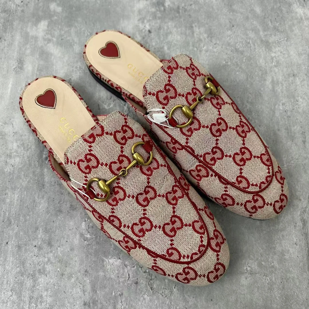 95新 GUCCI/古驰 37码/仔仔女鞋/红色双G满印女士包头半拖 wsp488