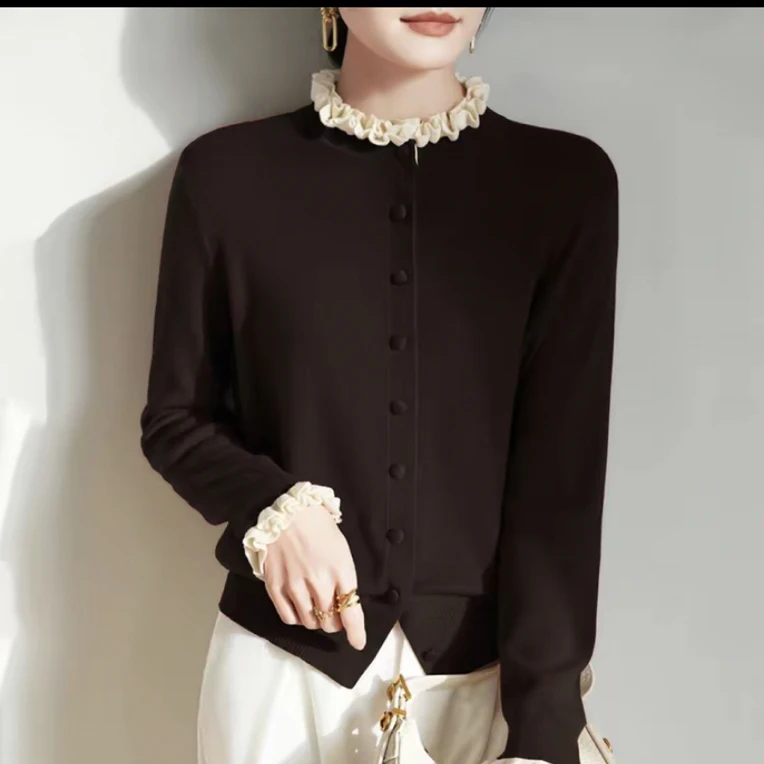 450#秋新款时尚木耳边领长袖纯色针织开衫