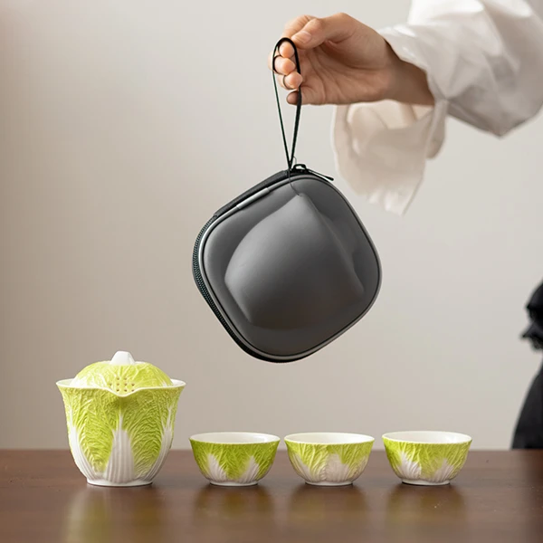 中式手工百财聚来一壶三杯户外简约旅行茶具白菜创意便携茶具泡茶